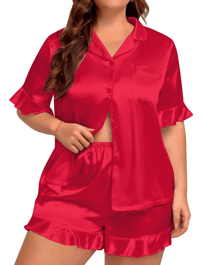 Womens Satin Plus Size Pajamas Silk Short Sleeve Pjs Sets