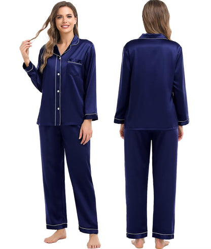 Women & Men Satin Pajamas Set Couple Matching Pajamas Long Sleeve Sleepwear Button Down Loungewear 2 Pcs Pj Set