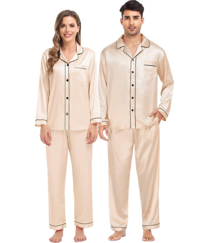 Women & Men Satin Pajamas Set Couple Matching Pajamas Long Sleeve Sleepwear Button Down Loungewear 2 Pcs Pj Set