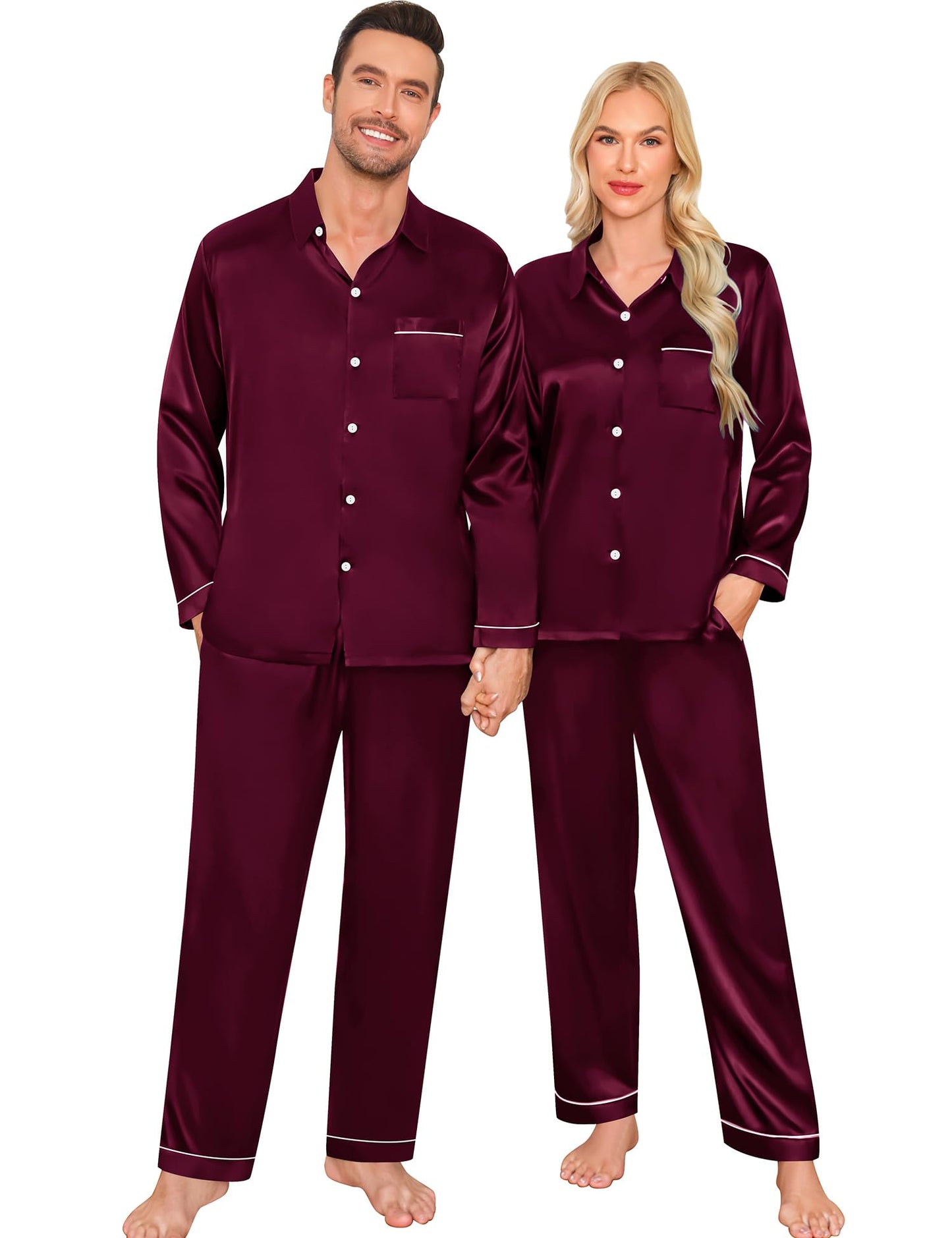 Women & Men Satin Pajamas Set Couple Matching Pajamas Long Sleeve Sleepwear Button Down Loungewear 2 Pcs Pj Set