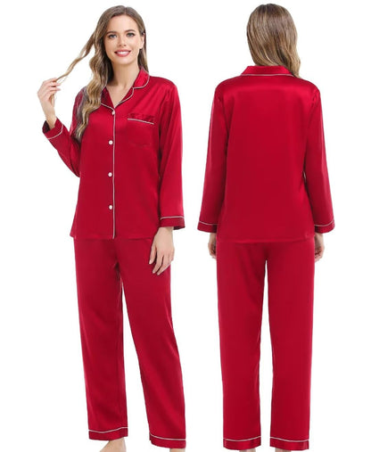 Couples Matching Pajamas Set Silk Satin Long Sleeve Sleepwear Soft Button Down Loungewear Pj Set