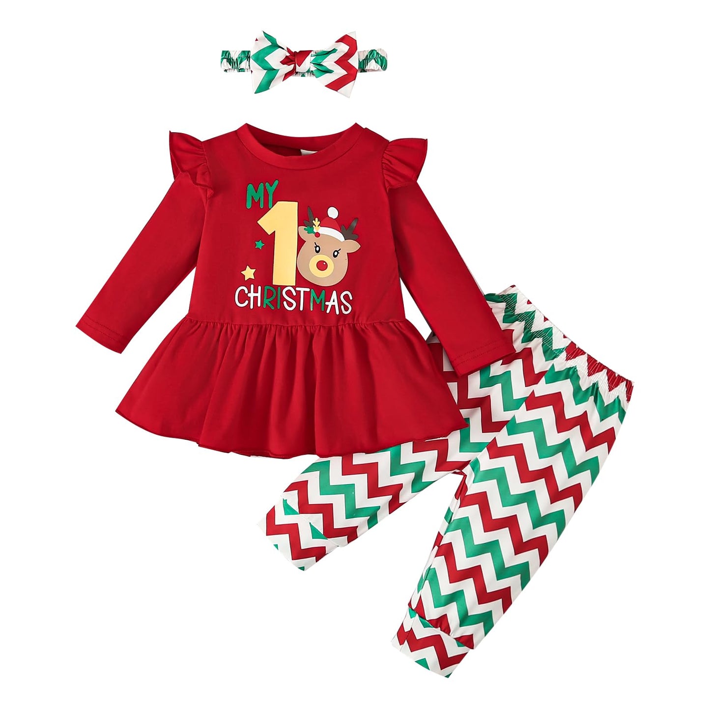 My 1st Christmas Baby Girl Outfits Ruffle Santa Tree Print Tunic Drees Shirt Plaid Stripe Pants Fall Clothes