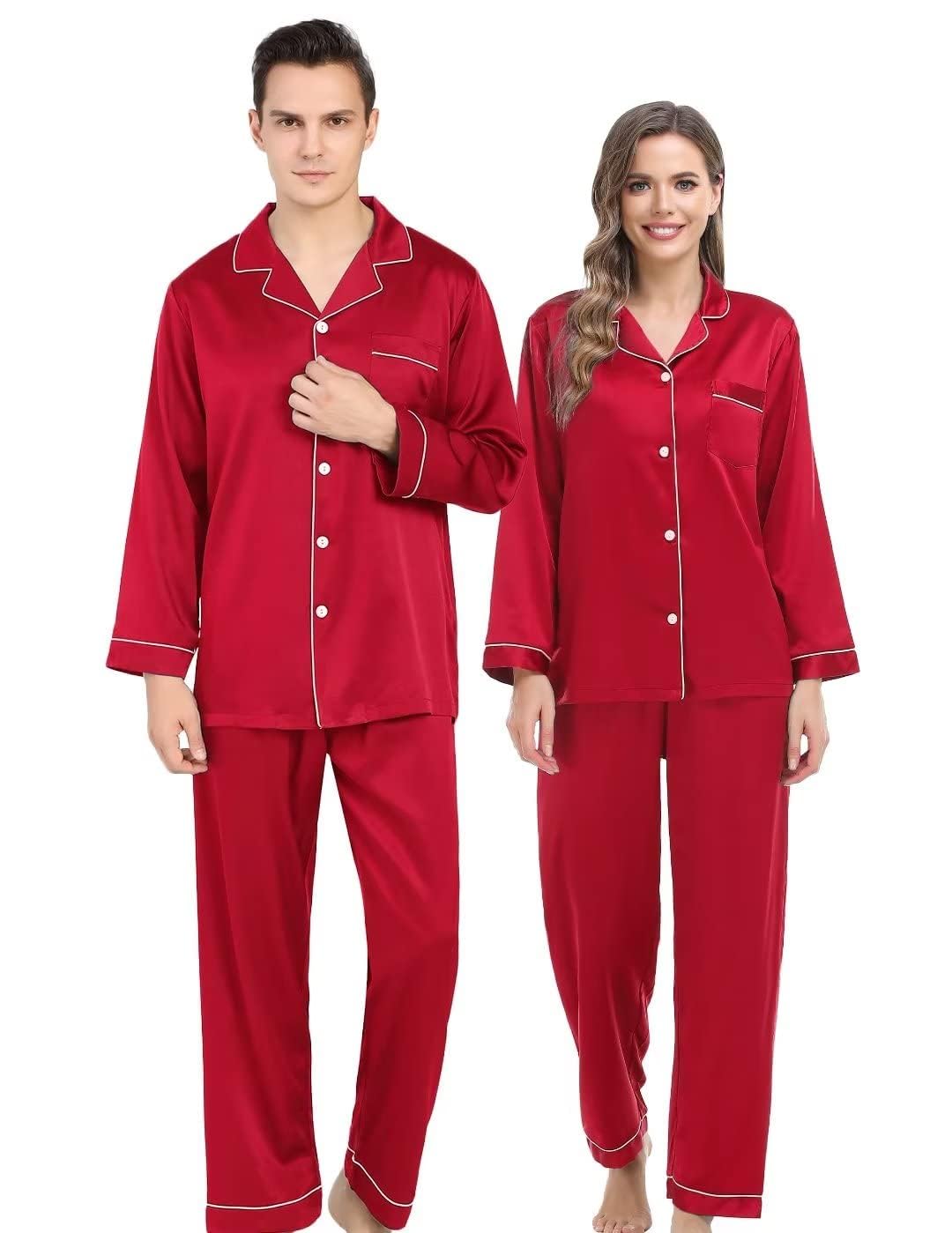 Couples Matching Pajamas Set Silk Satin Long Sleeve Sleepwear Soft Button Down Loungewear Pj Set