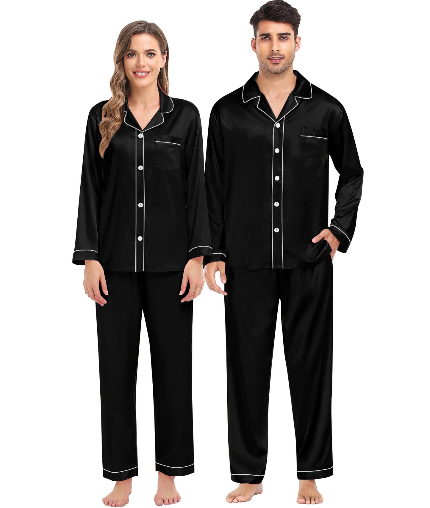 Women & Men Satin Pajamas Set Couple Matching Pajamas Long Sleeve Sleepwear Button Down Loungewear 2 Pcs Pj Set