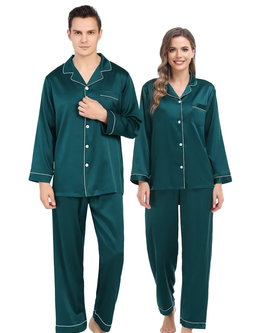 Couples Matching Pajamas Set Silk Satin Long Sleeve Sleepwear Soft Button Down Loungewear Pj Set