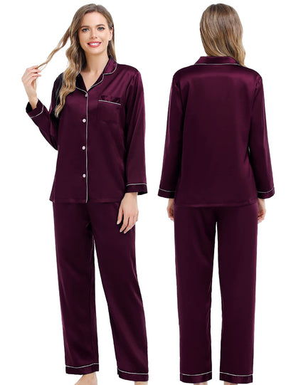 Couples Matching Pajamas Set Silk Satin Long Sleeve Sleepwear Soft Button Down Loungewear Pj Set