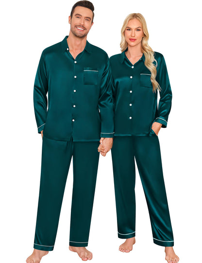 Women & Men Satin Pajamas Set Couple Matching Pajamas Long Sleeve Sleepwear Button Down Loungewear 2 Pcs Pj Set