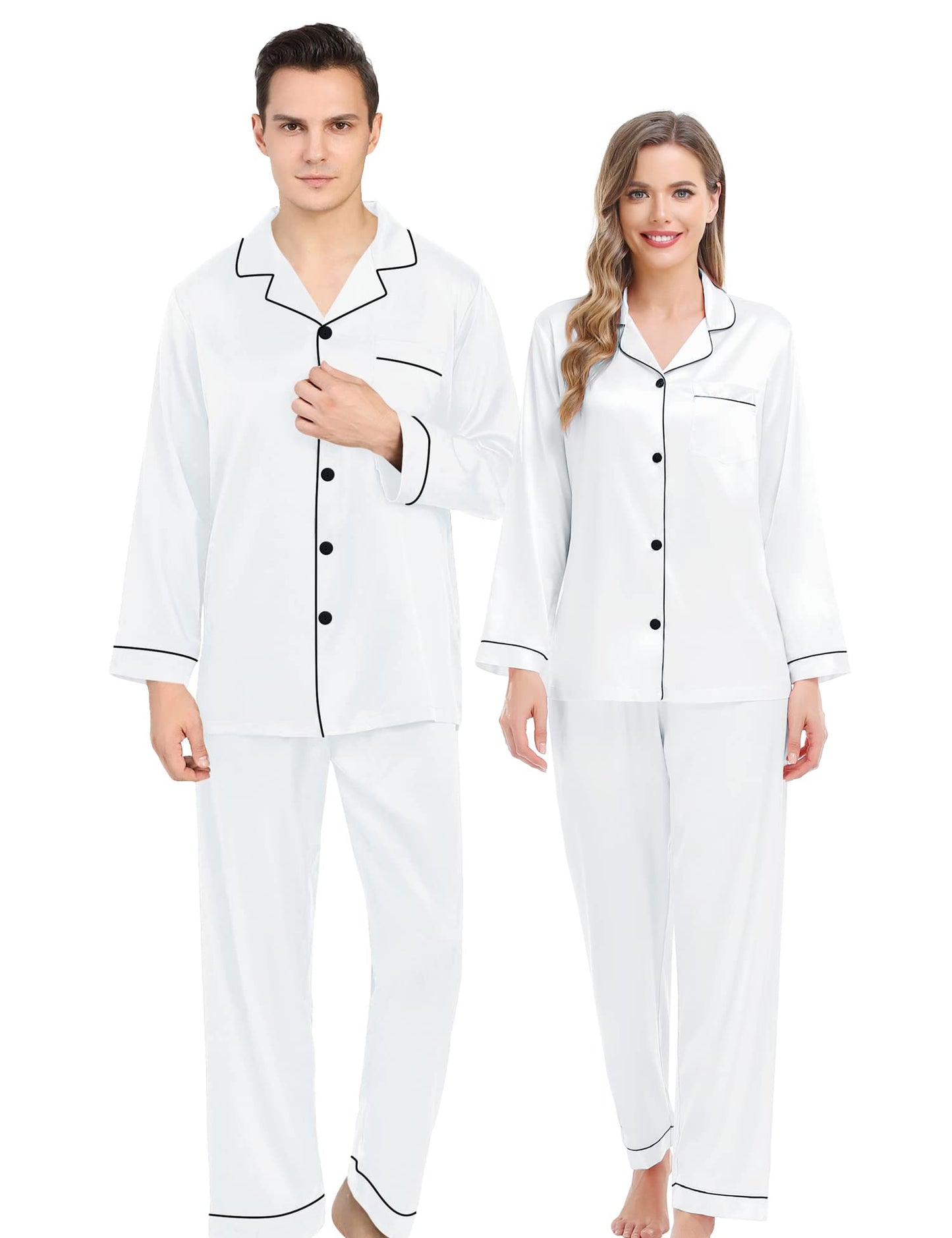 Couples Matching Pajamas Set Silk Satin Long Sleeve Sleepwear Soft Button Down Loungewear Pj Set