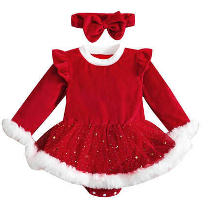 Infant Baby Girl Christmas Plaid Overall Dress Outfits Fall Winter Ruffle Romper Headband Sets