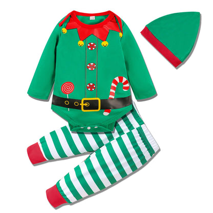 Newborn Baby 1st Christmas Outfit Elf Snowman Christmas Tree Romper 3pcs Set for Baby 0-24months