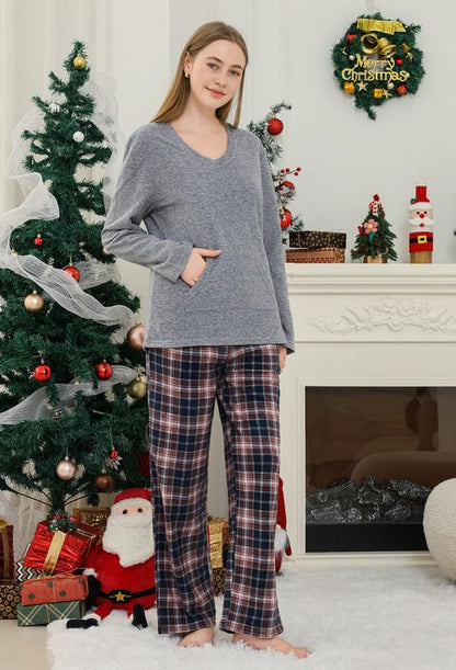 Couple Pajama Sets, Plaid Pajama Set for Men and Women Soft Warm Pjs Set