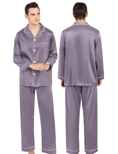 Couples Matching Pajamas Set Silk Satin Long Sleeve Sleepwear Soft Button Down Loungewear Pj Set