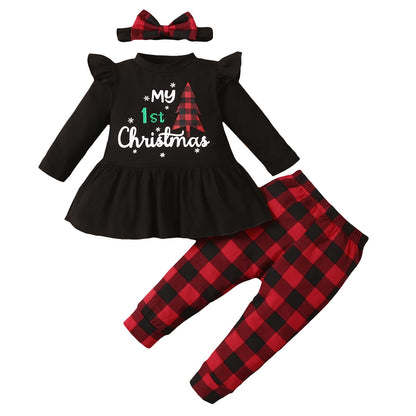 My 1st Christmas Baby Girl Outfits Ruffle Santa Tree Print Tunic Drees Shirt Plaid Stripe Pants Fall Clothes