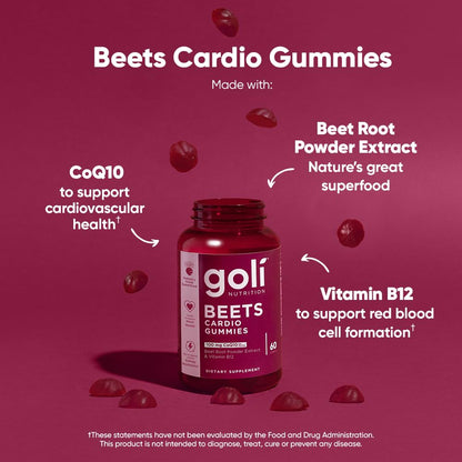 Goli Nutritional Supplement, Beets Cardio Gummy, 180 Count(3 Pack of 60), 100mg CoQ10 & Beet Root Extract - Gluten-Free, Vegan, Non-GMO, and Gelatin-Free. Nature's Great Superfood