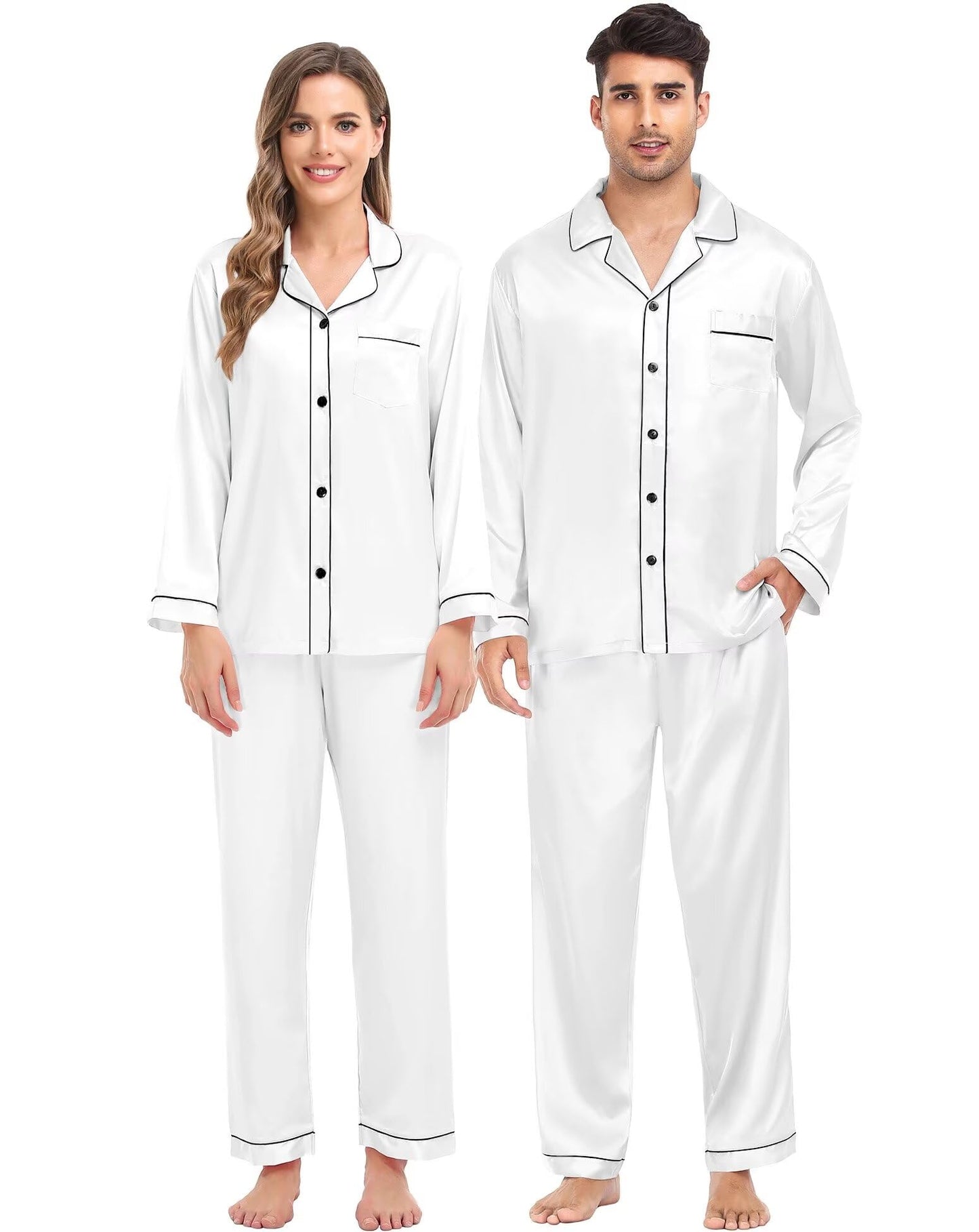 Women & Men Satin Pajamas Set Couple Matching Pajamas Long Sleeve Sleepwear Button Down Loungewear 2 Pcs Pj Set