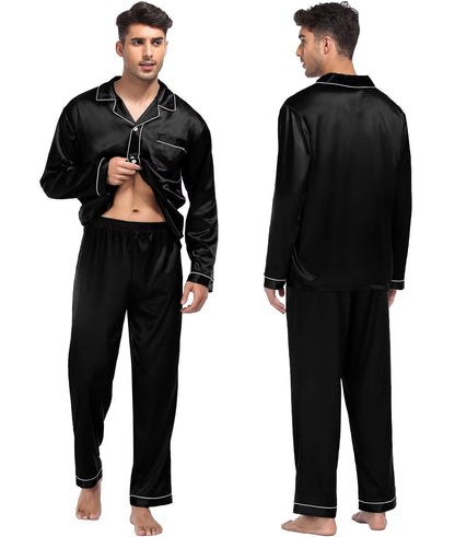 Women & Men Satin Pajamas Set Couple Matching Pajamas Long Sleeve Sleepwear Button Down Loungewear 2 Pcs Pj Set