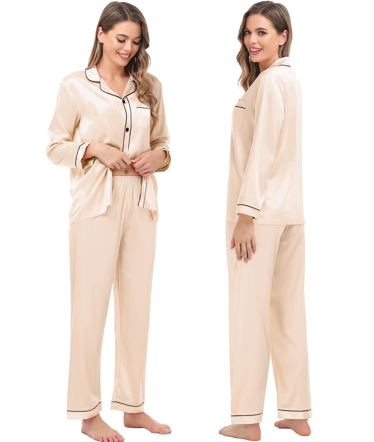 Women & Men Satin Pajamas Set Couple Matching Pajamas Long Sleeve Sleepwear Button Down Loungewear 2 Pcs Pj Set