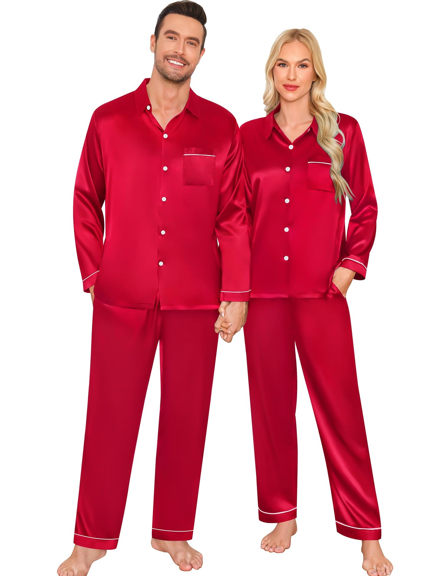 Women & Men Satin Pajamas Set Couple Matching Pajamas Long Sleeve Sleepwear Button Down Loungewear 2 Pcs Pj Set