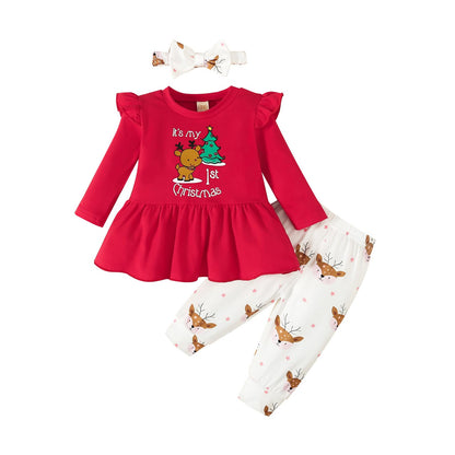 My 1st Christmas Baby Girl Outfits Ruffle Santa Tree Print Tunic Drees Shirt Plaid Stripe Pants Fall Clothes