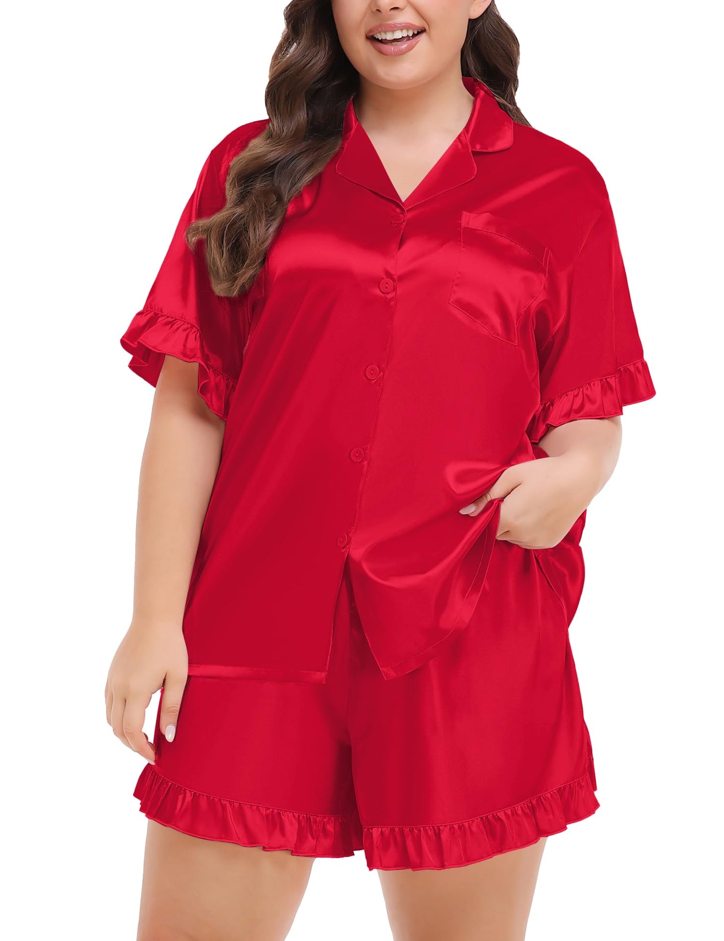 Womens Satin Plus Size Pajamas Silk Short Sleeve Pjs Sets