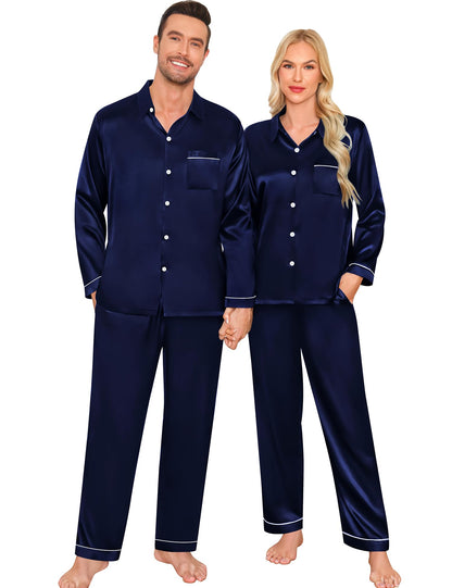 Women & Men Satin Pajamas Set Couple Matching Pajamas Long Sleeve Sleepwear Button Down Loungewear 2 Pcs Pj Set