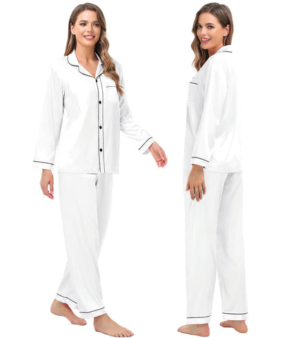 Women & Men Satin Pajamas Set Couple Matching Pajamas Long Sleeve Sleepwear Button Down Loungewear 2 Pcs Pj Set