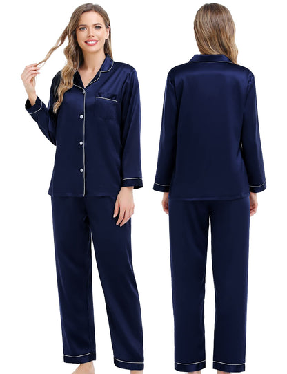 Couples Matching Pajamas Set Silk Satin Long Sleeve Sleepwear Soft Button Down Loungewear Pj Set