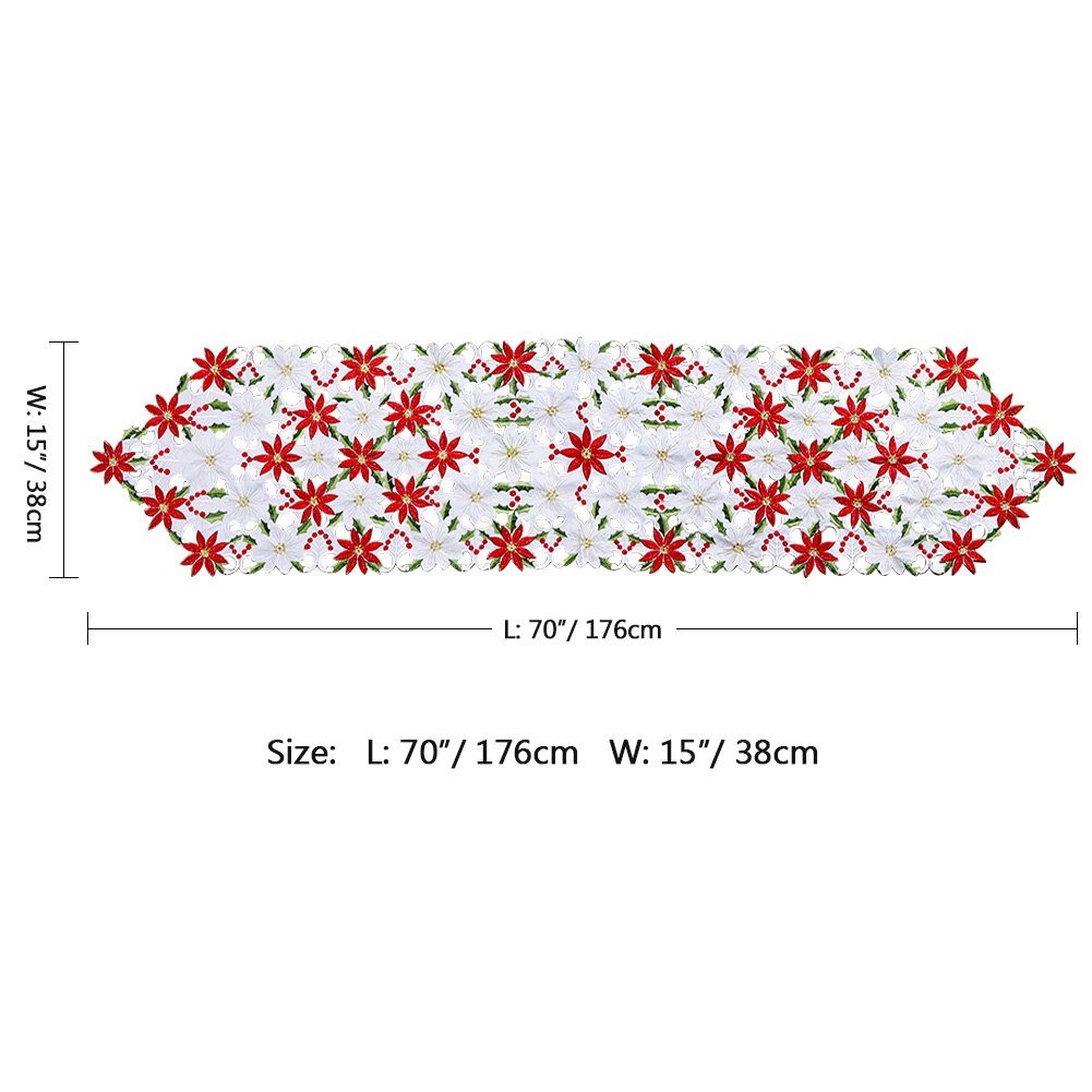 Our Warm Christmas Embroidered Table Runners Poinsettia Holly Leaf Table Linens for Christmas Decorations 15 x 70 Inch