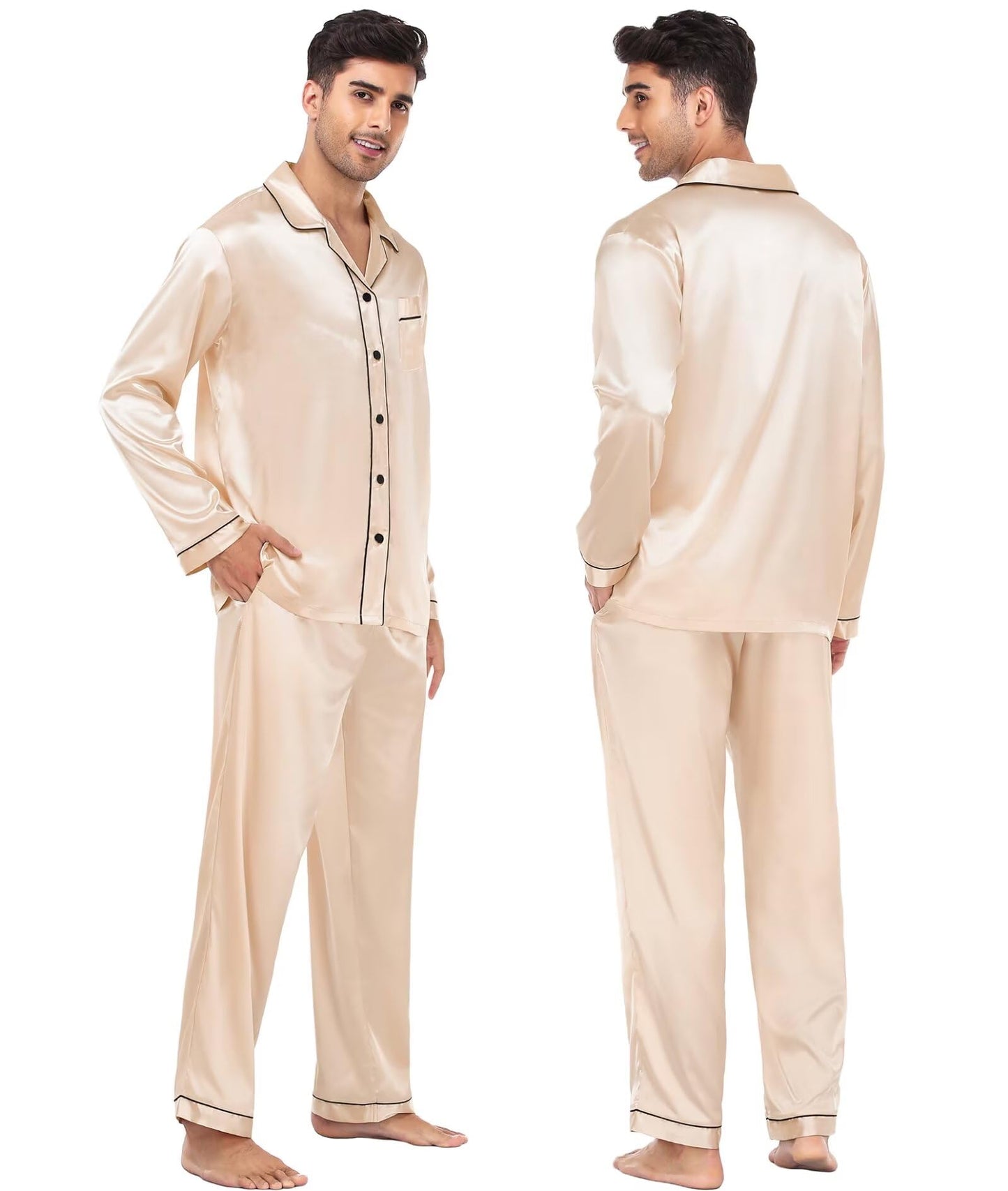 Women & Men Satin Pajamas Set Couple Matching Pajamas Long Sleeve Sleepwear Button Down Loungewear 2 Pcs Pj Set