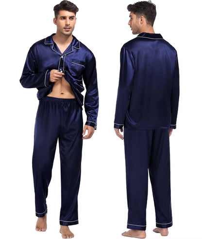 Women & Men Satin Pajamas Set Couple Matching Pajamas Long Sleeve Sleepwear Button Down Loungewear 2 Pcs Pj Set