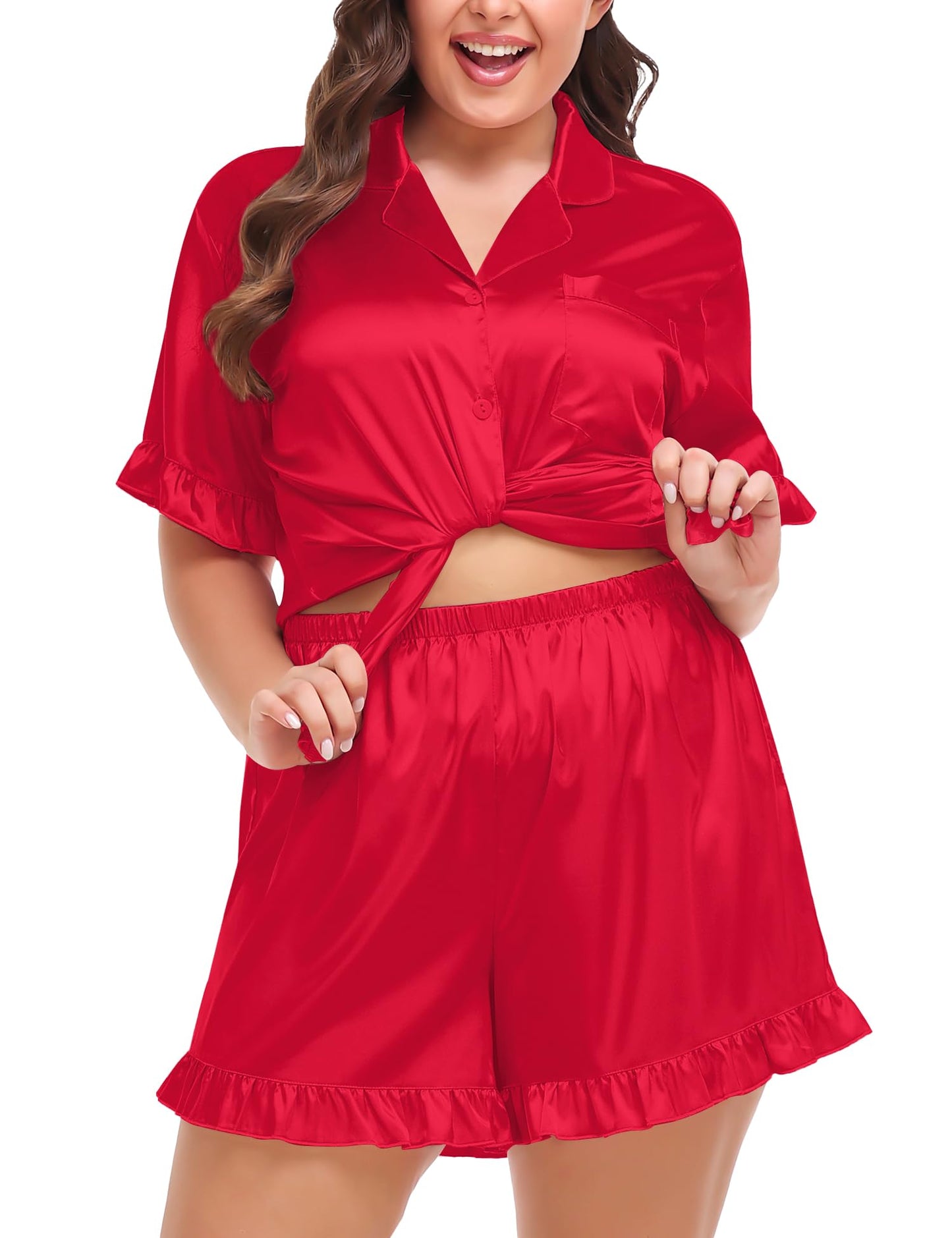 Womens Satin Plus Size Pajamas Silk Short Sleeve Pjs Sets