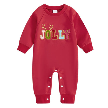 Lamuusaa Newborn Baby Girl Boy Christmas Outfit Santa Baby/Jolly Embroidery Romper One Piece Jumpsuit Fall Clothes 0-18M