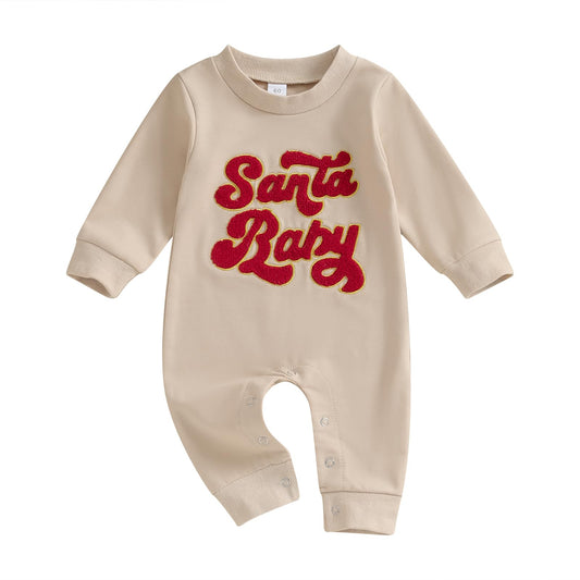 Lamuusaa Newborn Baby Girl Boy Christmas Outfit Santa Baby/Jolly Embroidery Romper One Piece Jumpsuit Fall Clothes 0-18M