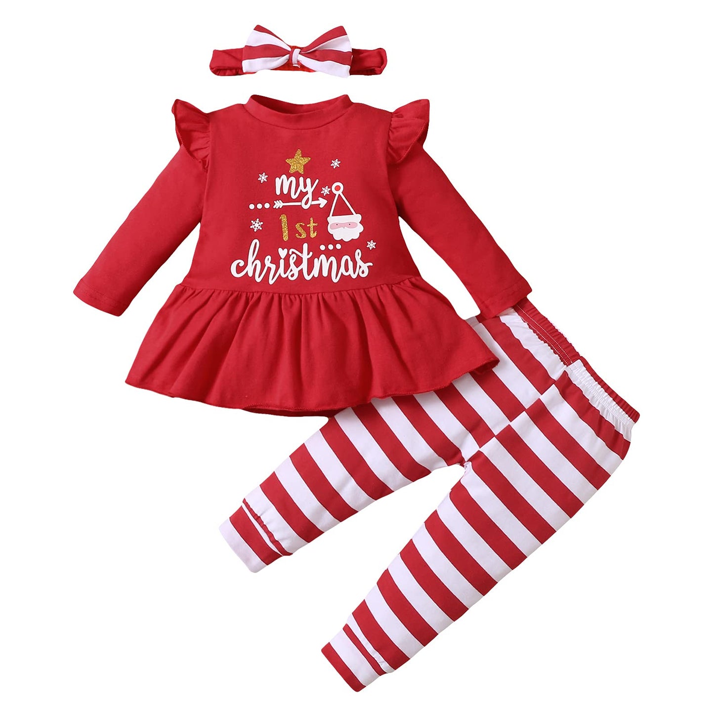 My 1st Christmas Baby Girl Outfits Ruffle Santa Tree Print Tunic Drees Shirt Plaid Stripe Pants Fall Clothes