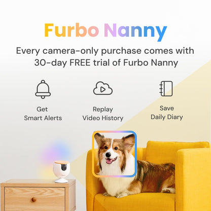 Furbo 360° Dog Camera + Nanny Bundle: Home Security & Dog Safety Alerts, Rotating Pet Treat Dispenser Camera with Speaker, Smart Home Indoor Cam w Phone App (Additional Subscription Required at Setup)