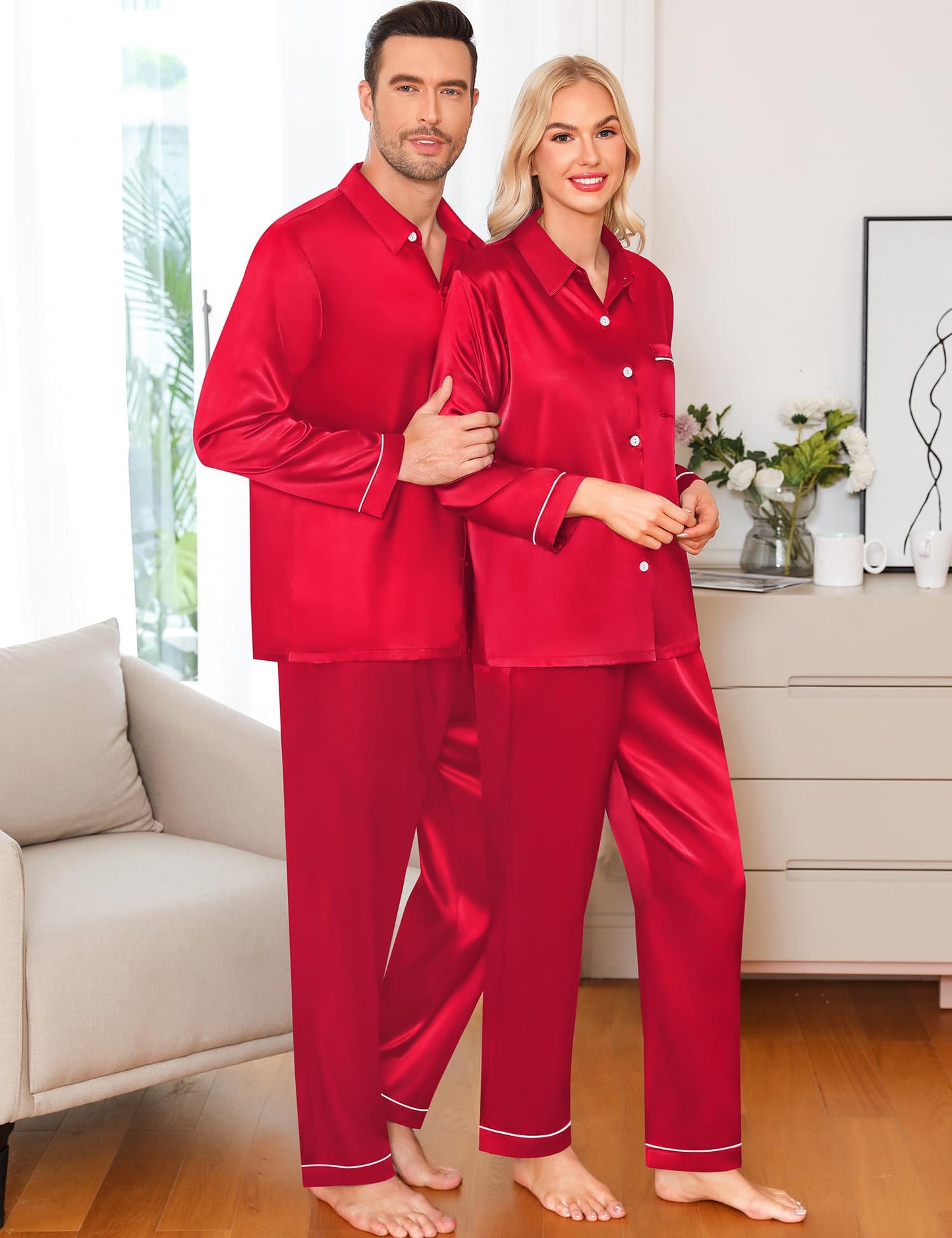 Women & Men Satin Pajamas Set Couple Matching Pajamas Long Sleeve Sleepwear Button Down Loungewear 2 Pcs Pj Set