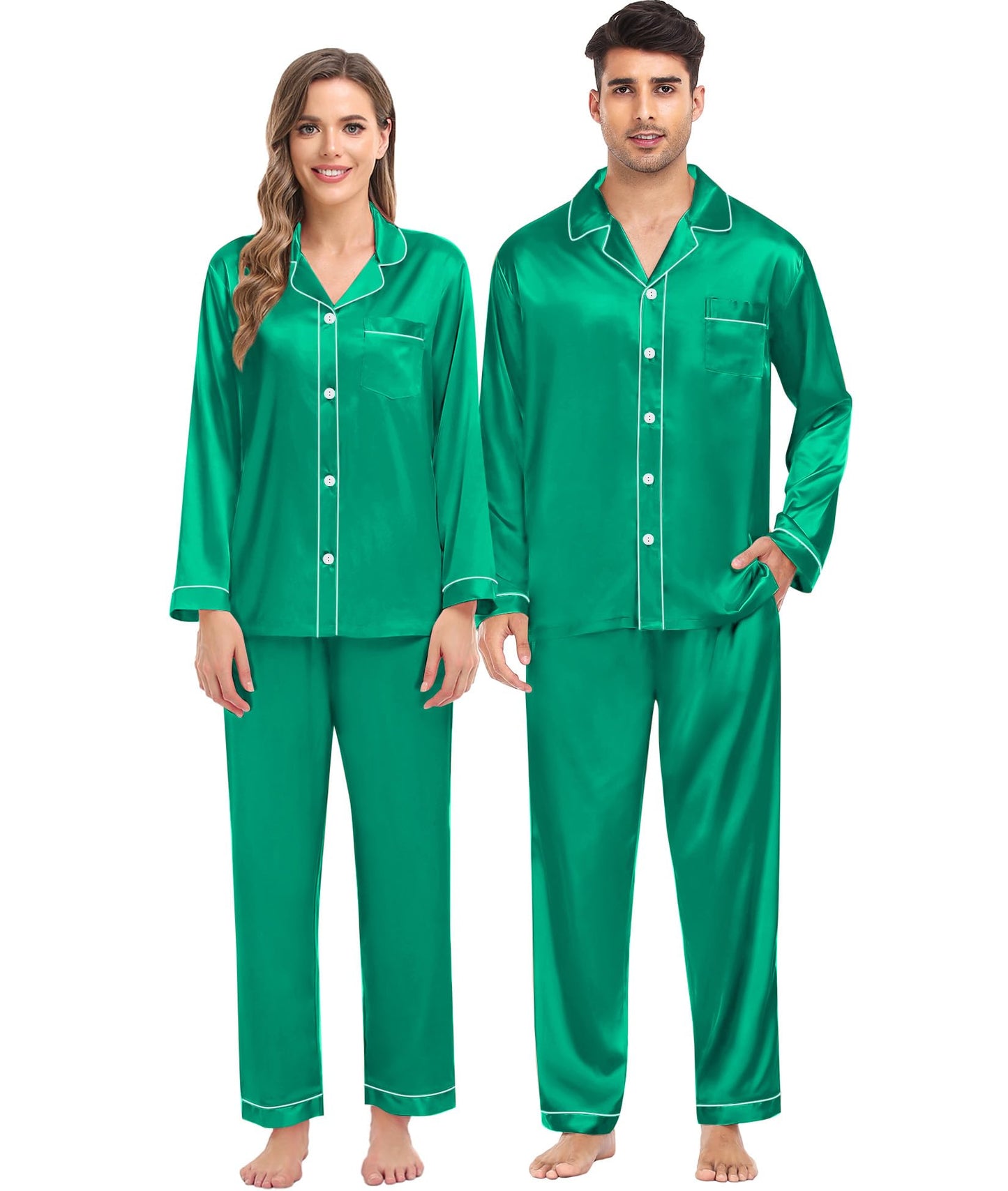 Women & Men Satin Pajamas Set Couple Matching Pajamas Long Sleeve Sleepwear Button Down Loungewear 2 Pcs Pj Set