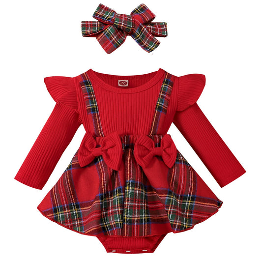 Infant Baby Girl Christmas Plaid Overall Dress Outfits Fall Winter Ruffle Romper Headband Sets