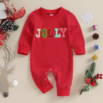 Lamuusaa Newborn Baby Girl Boy Christmas Outfit Santa Baby/Jolly Embroidery Romper One Piece Jumpsuit Fall Clothes 0-18M