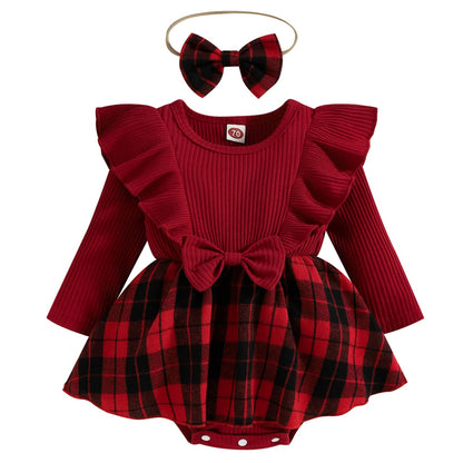 Infant Baby Girl Christmas Plaid Overall Dress Outfits Fall Winter Ruffle Romper Headband Sets