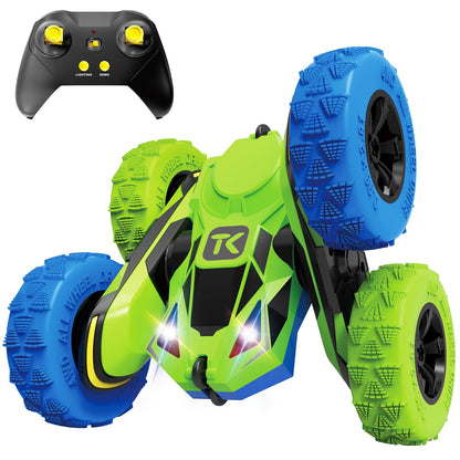 Threeking RC Stunt Cars Remote Control Car Double-Sided Driving 360-degree Flips Rotating Car Toy, Green