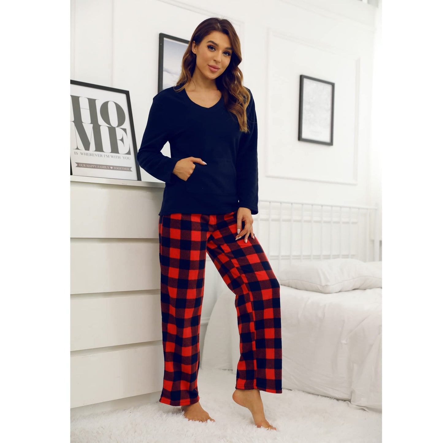 Couple Pajama Sets, Plaid Pajama Set for Men and Women Soft Warm Pjs Set