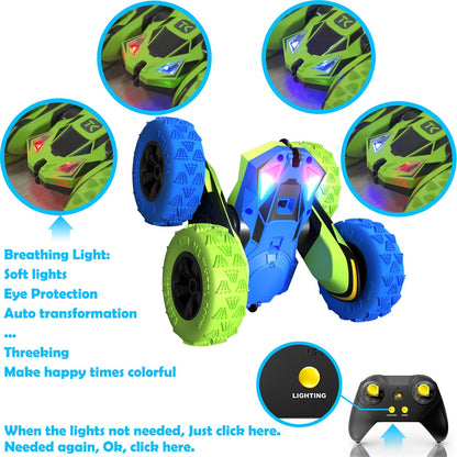 Threeking RC Stunt Cars Remote Control Car Double-Sided Driving 360-degree Flips Rotating Car Toy, Green