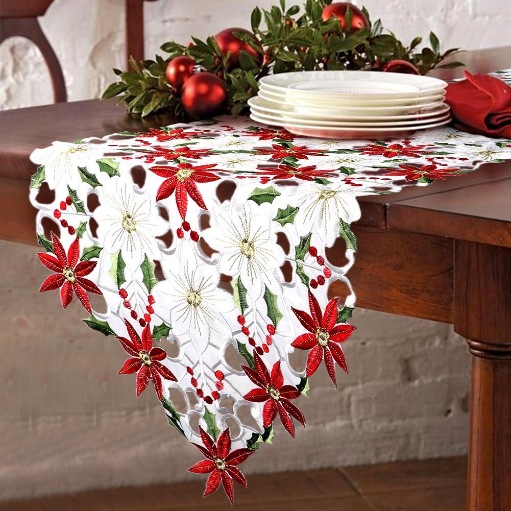 Our Warm Christmas Embroidered Table Runners Poinsettia Holly Leaf Table Linens for Christmas Decorations 15 x 70 Inch