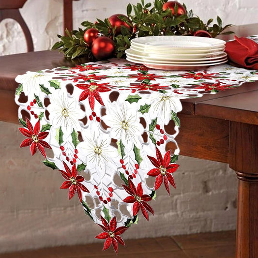 Our Warm Christmas Embroidered Table Runners Poinsettia Holly Leaf Table Linens for Christmas Decorations 15 x 70 Inch