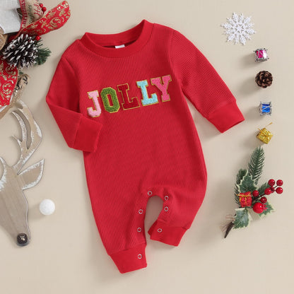 Lamuusaa Newborn Baby Girl Boy Christmas Outfit Santa Baby/Jolly Embroidery Romper One Piece Jumpsuit Fall Clothes 0-18M