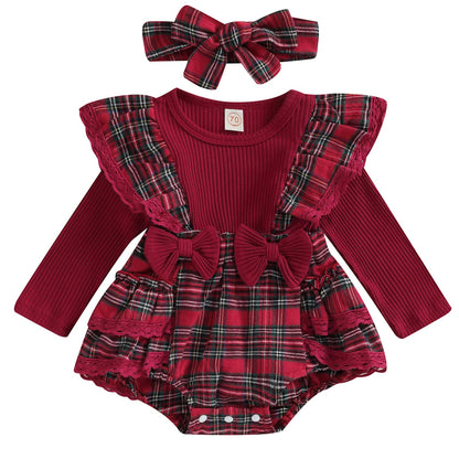 Infant Baby Girl Christmas Plaid Overall Dress Outfits Fall Winter Ruffle Romper Headband Sets