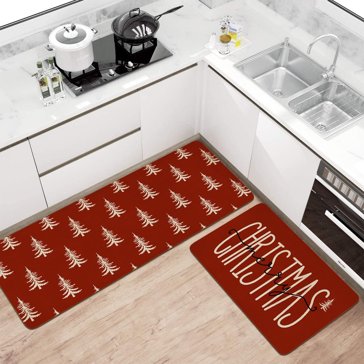 Christmas Kitchen Rugs and Mats Set of 2,Green Buffalo Plaid Merry Christmas Kitchen Mat,Xmas Winter Holiday Non Slip Low-Profile Sink Mat Decorations for Home Kitchen 17x47+17x30 Inches