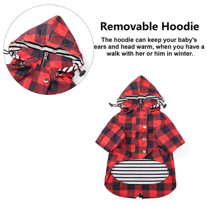 Dog Zip Up Dog Raincoat with Reflective, Rain/Water Resistant, Adjustable Drawstring, Removable Hood, Dog Raincoats with Legs 8lbs to 80lbs Available - Red - Small