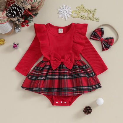 Infant Baby Girl Christmas Plaid Overall Dress Outfits Fall Winter Ruffle Romper Headband Sets